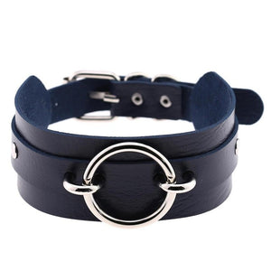 Black Leather Choker Necklace - Silver
