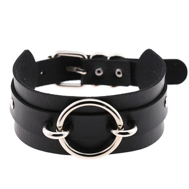 Black Leather Choker Necklace - Silver