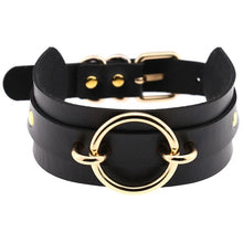 Load image into Gallery viewer, Black Leather Choker Necklace - Gold