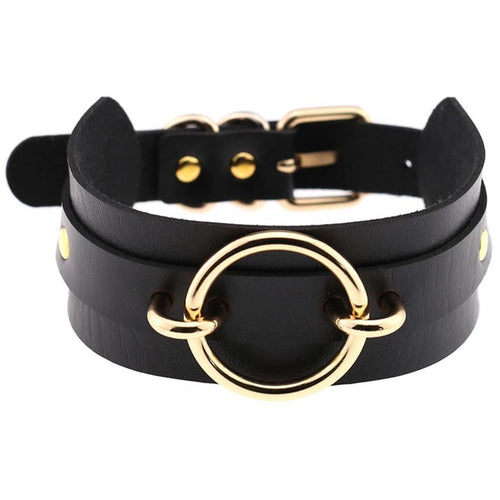Black Leather Choker Necklace - Gold