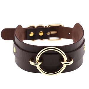 Black Leather Choker Necklace - Gold