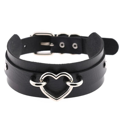Leather Choker Heart Necklace - Silver