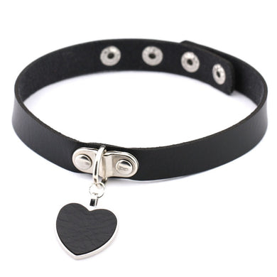 Black Leather Black Heart Choker Necklace