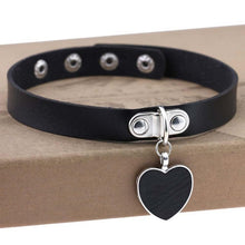 Load image into Gallery viewer, Black Leather Black Heart Choker Necklace