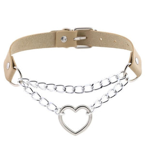 Leather Metal Heart Choker Necklace